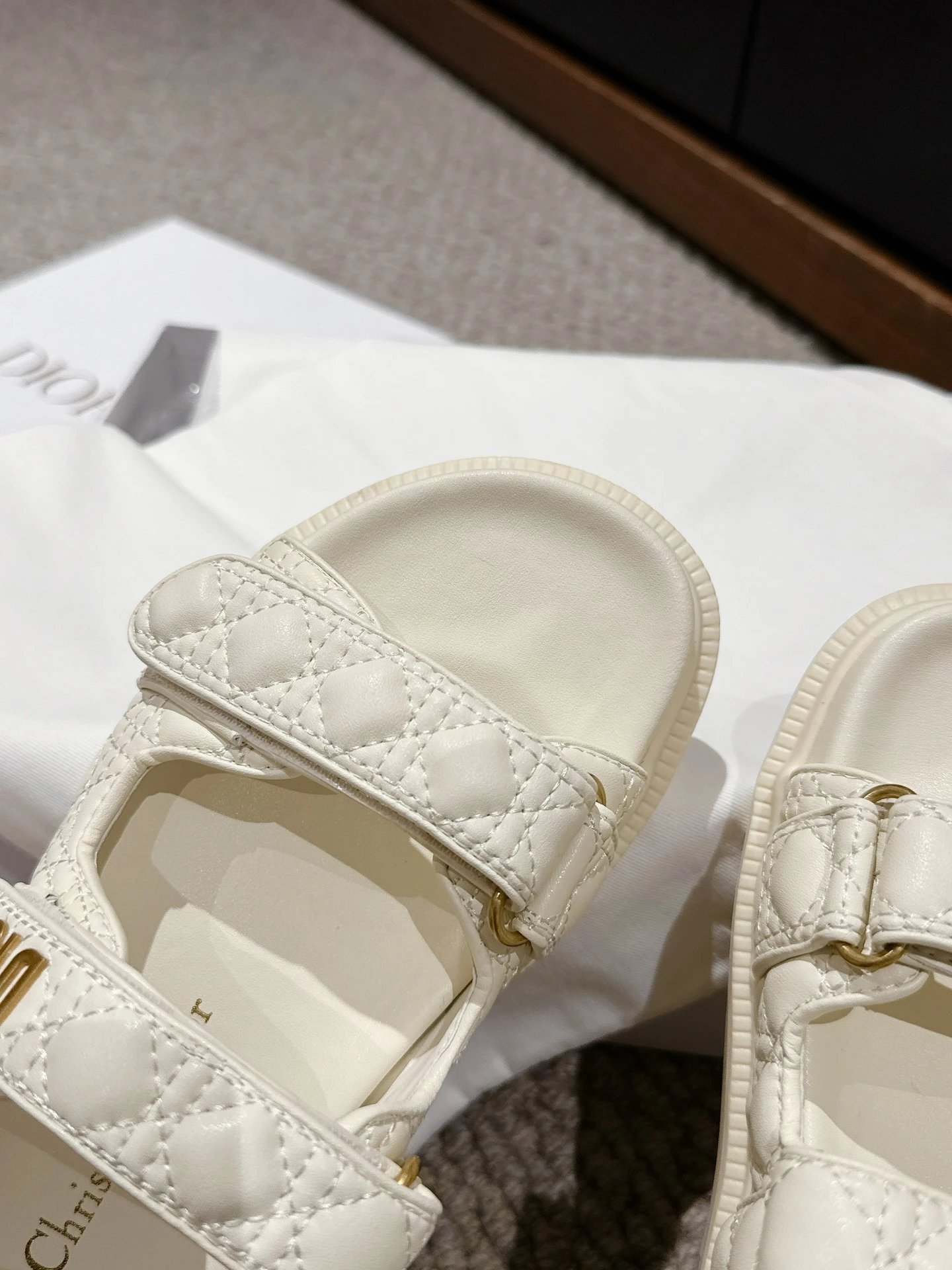 Dior White Cannage Lambskin Velcro Flat Sandals