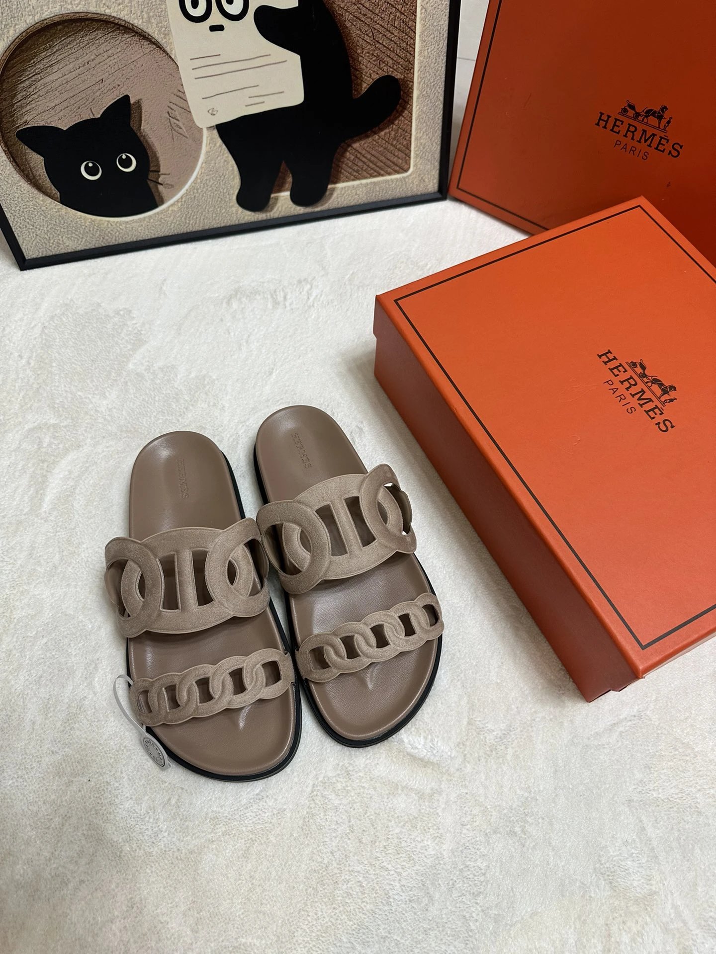 Hermes Chaine d’Ancre Brown Leather Double Strap Slides