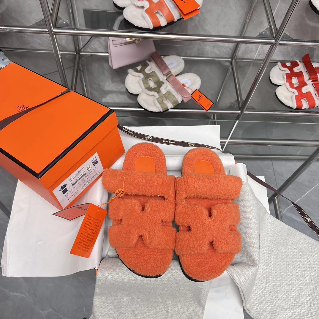 Hermes Orange Chypre Plush H Strap Unisex Slides