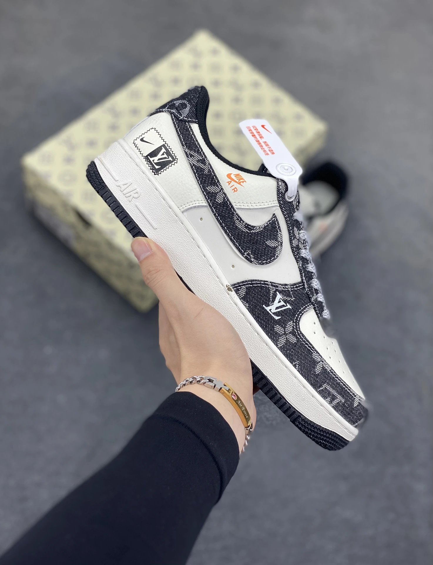 Nike Air Force 1 Black White Denim Patchwork Sneakers