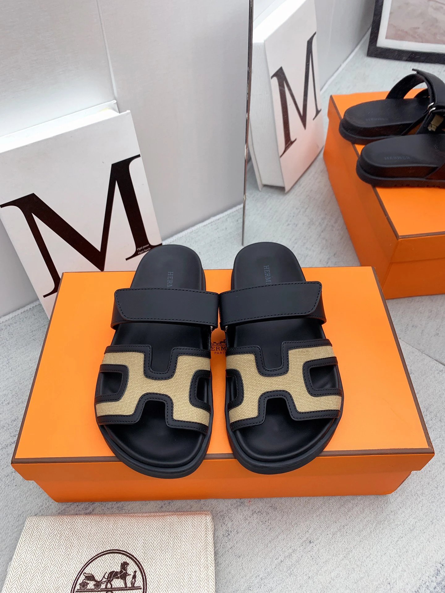Hermes Oran Black Beige H Cutout Leather Sandals