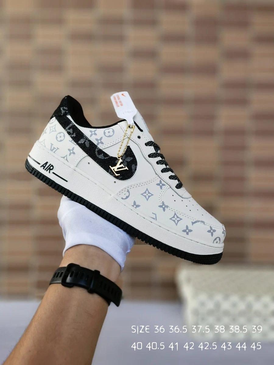White Black Monogram Leather Low Top Sneakers with Gold Tag