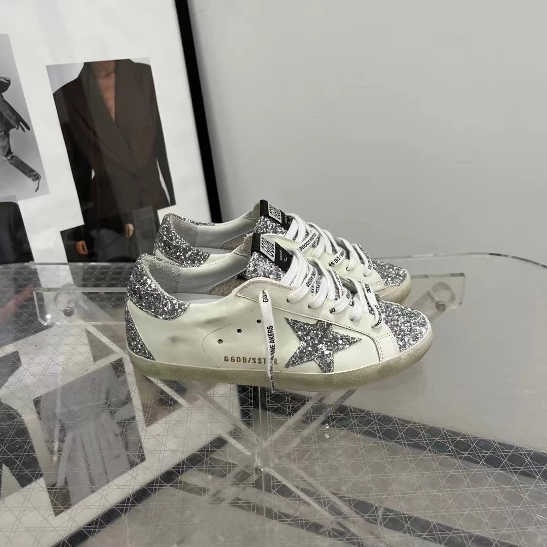 Golden Goose Silver Sequin Super-Star Leather Sneakers