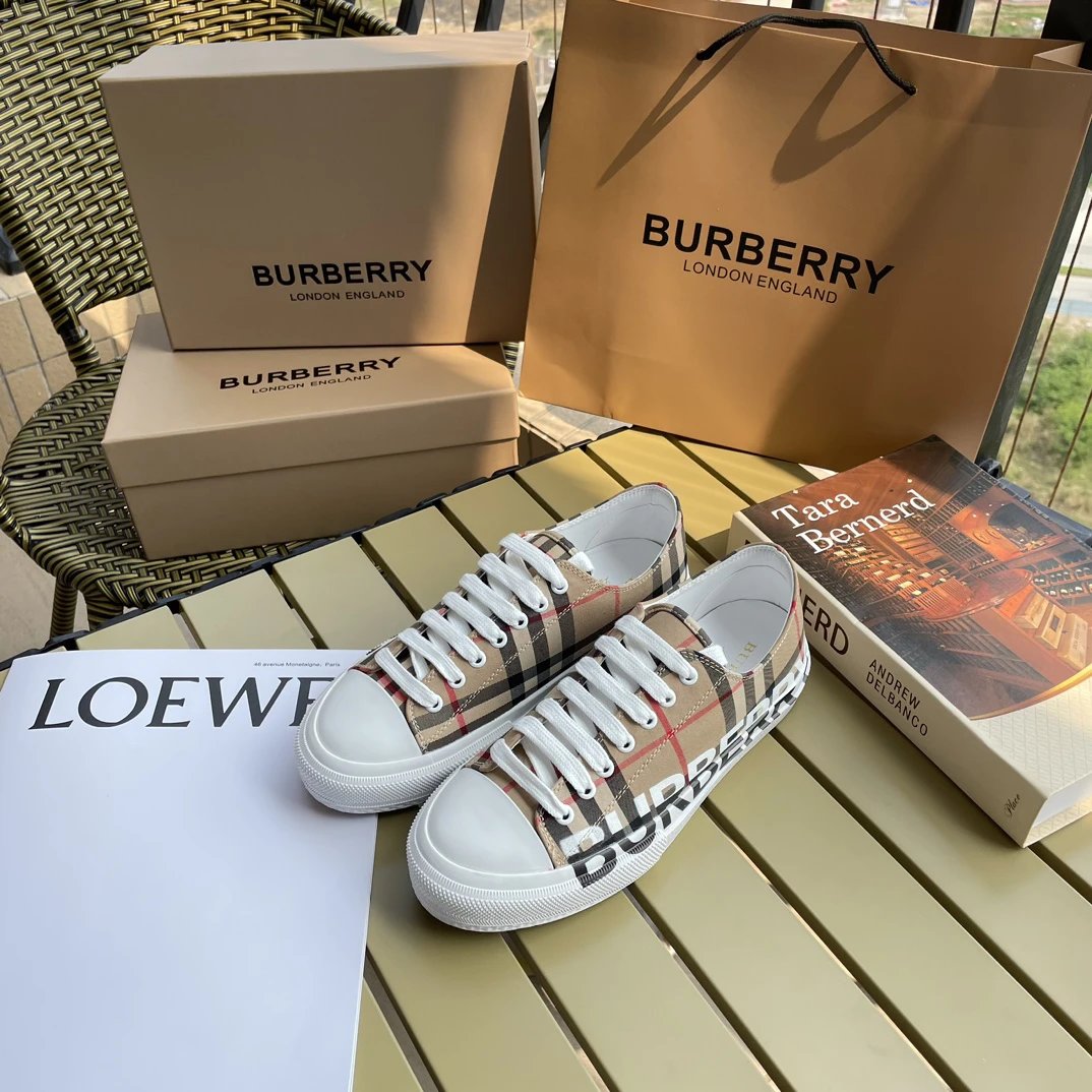 Burberry Beige Check Low Top Canvas Sneakers