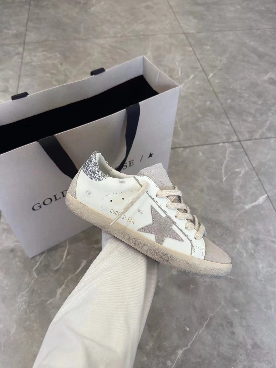 Golden Goose Off White Distressed Leather Sneakers