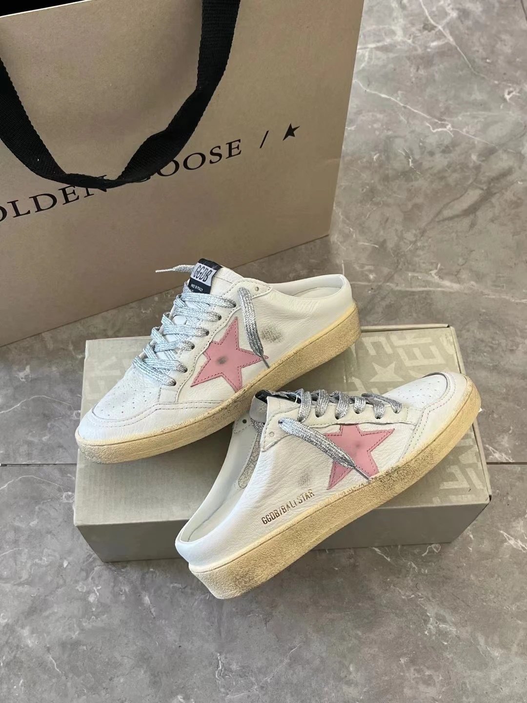 Golden Goose Pink Star Distressed Leather Sneakers