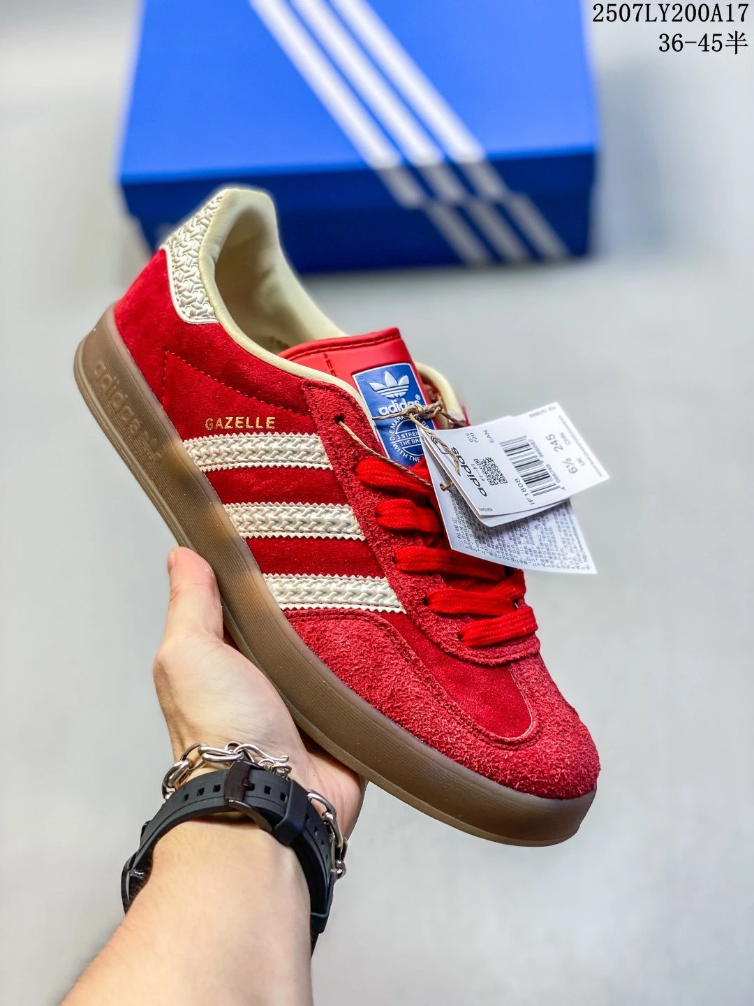 Adidas Gazelle Red Suede Sneakers Cream Stripes Gum Sole