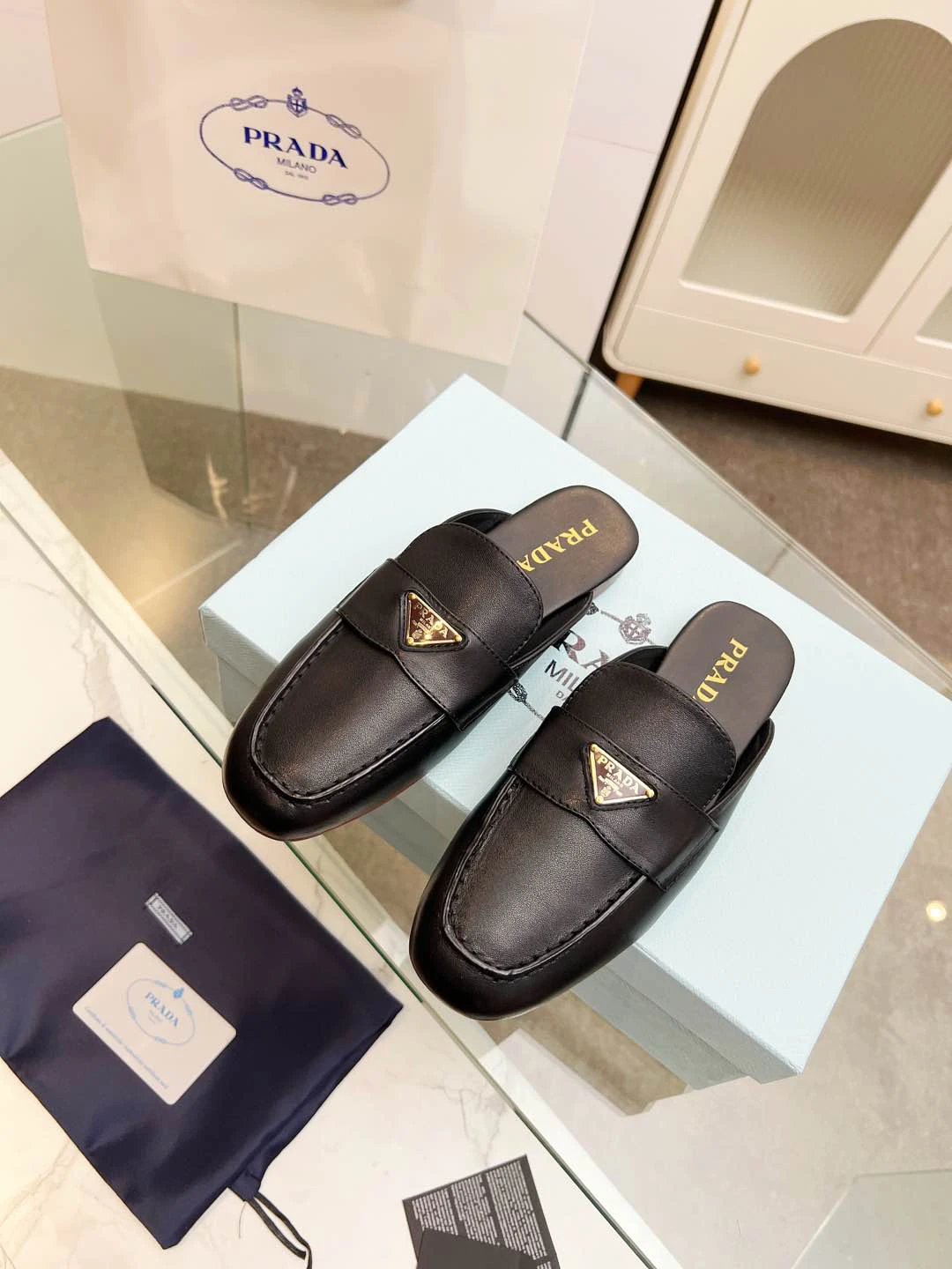 Prada Black Leather Mule Loafers Slip-On Unisex Shoes