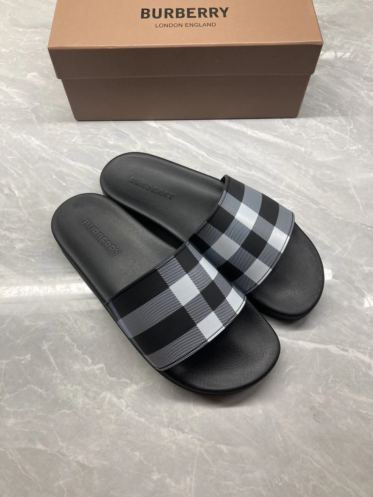 Burberry Black White Check Slide Sandals Unisex Slippers