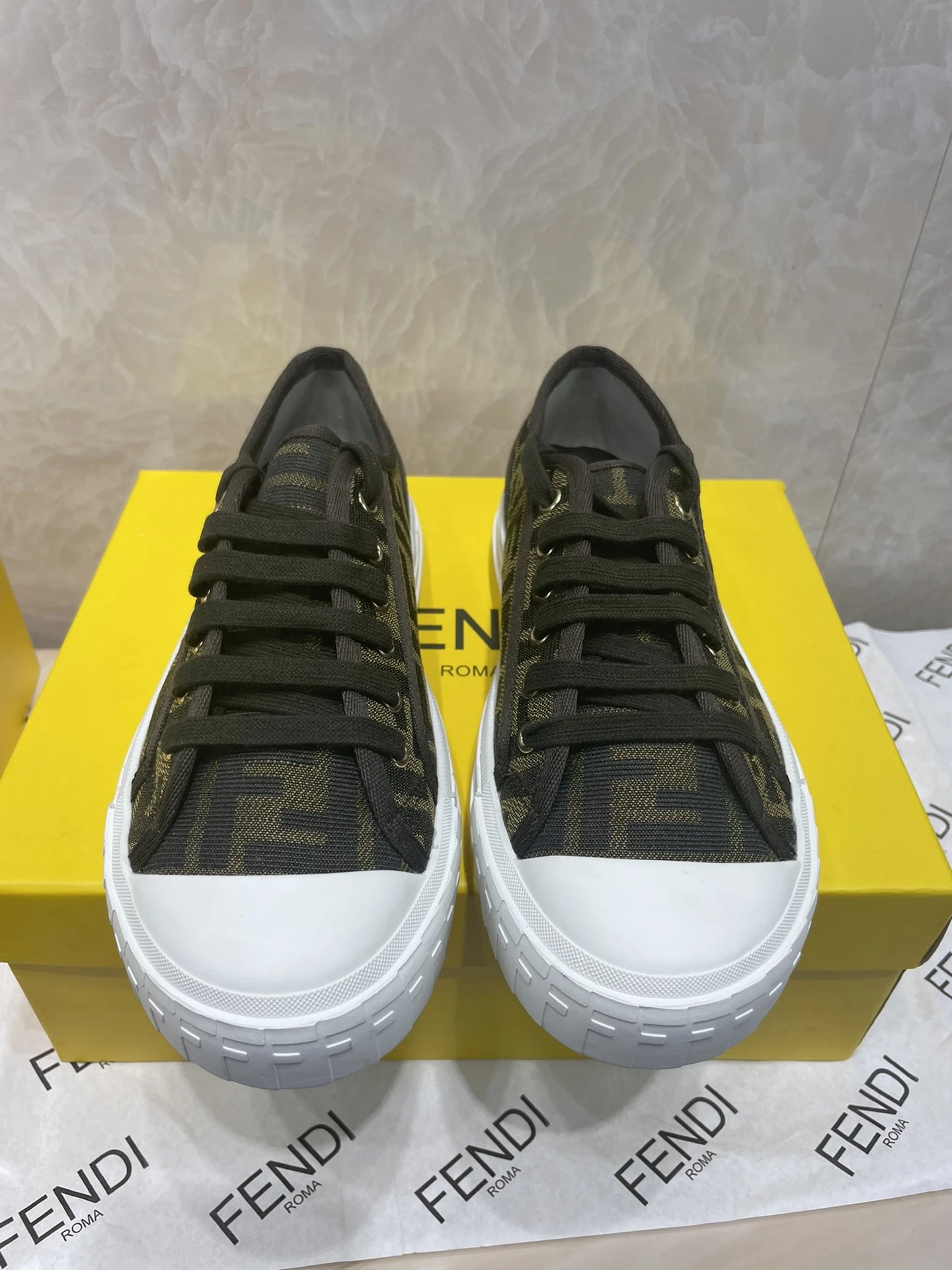Fendi FF Brown Canvas Low Top Sneakers