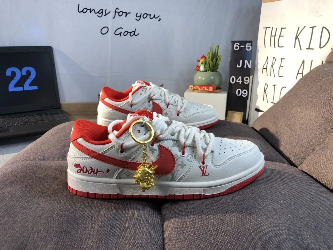 Nike Dunk Low White Red LV Monogram Leather Sneakers