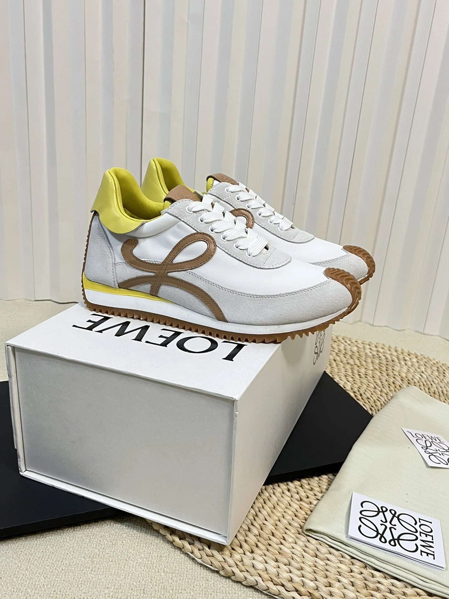 Loewe Flow Runner White Yellow Brown Suede Sneakers