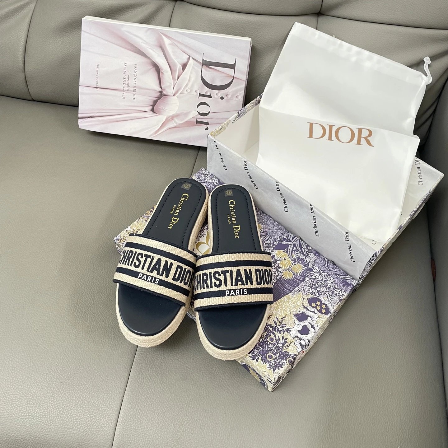 Dior Beige Black Espadrille Platform Slide Sandals Women