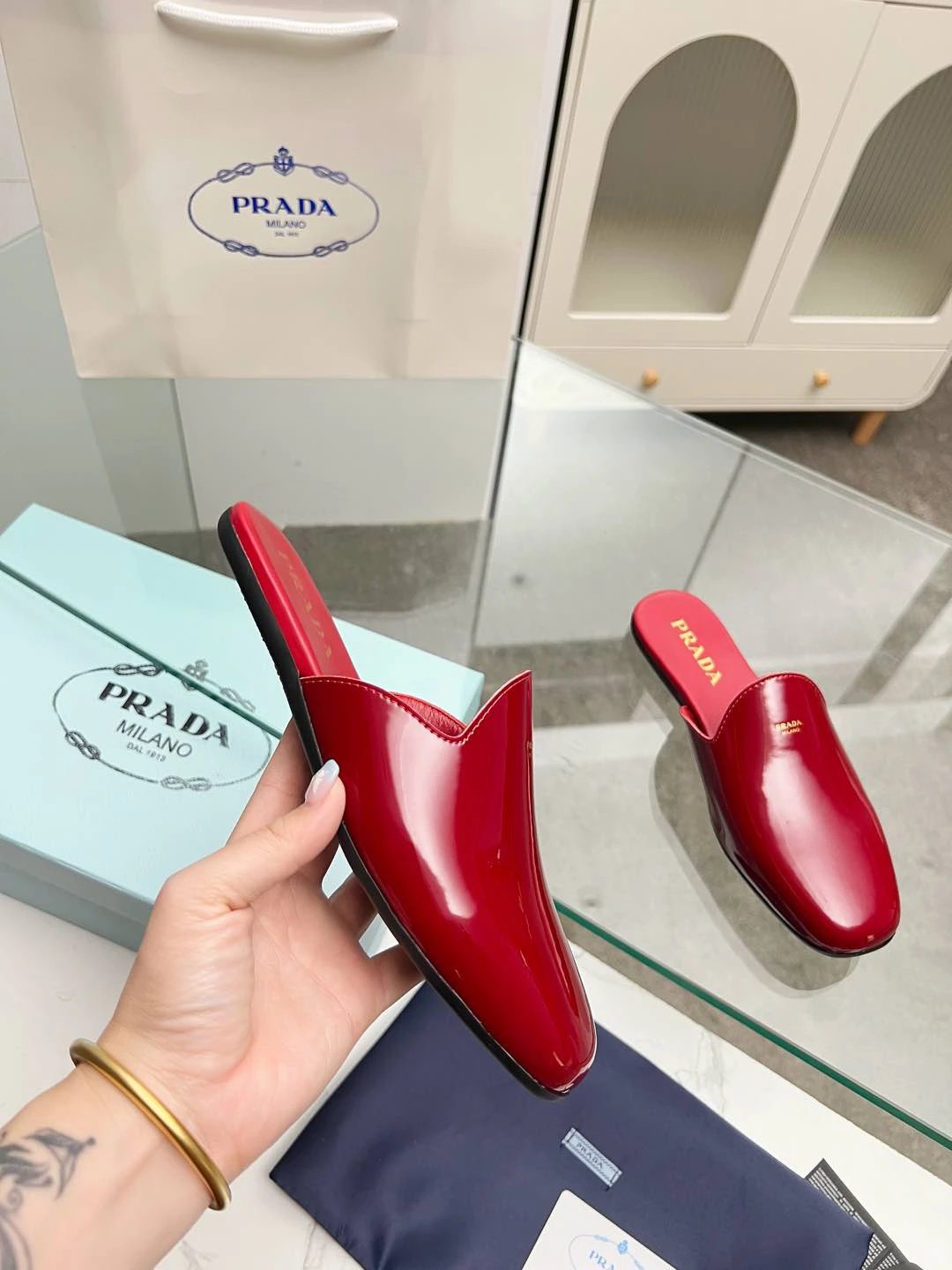 Prada Burgundy Patent Leather Mules Gold Logo Shoes