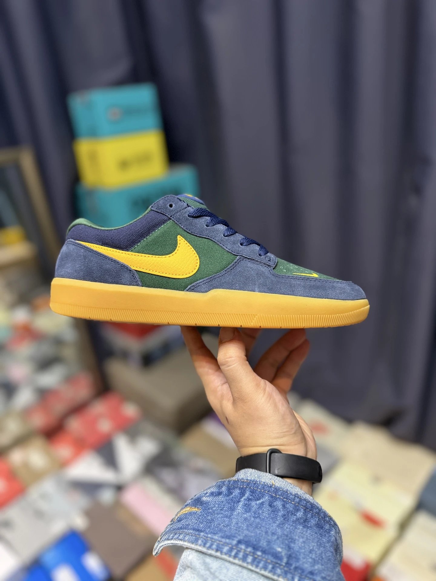 Nike SB Force 58 Navy Green Yellow Swoosh Skate Shoes