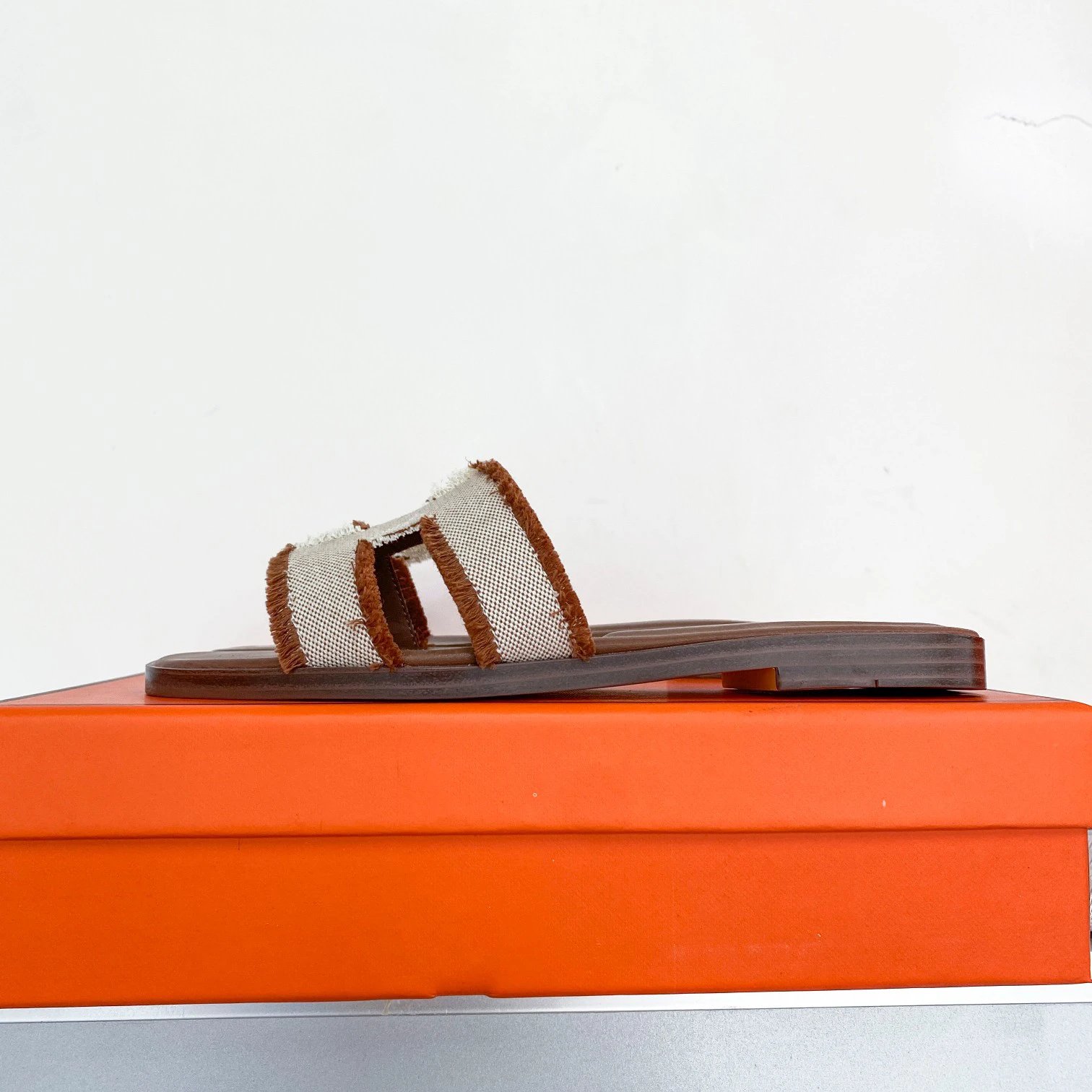 Hermes Oran Brown Canvas Leather H Fringe Sandals