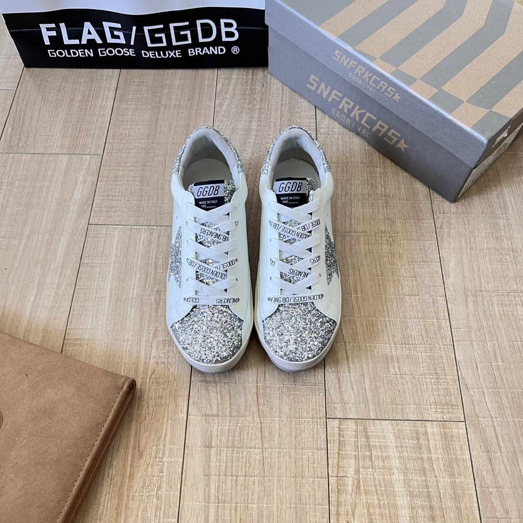 Golden Goose Glitter Star Distressed White Sneakers