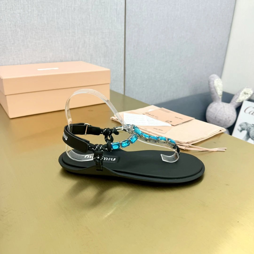 Miu Miu Black Leather Sandals with Blue Gemstones
