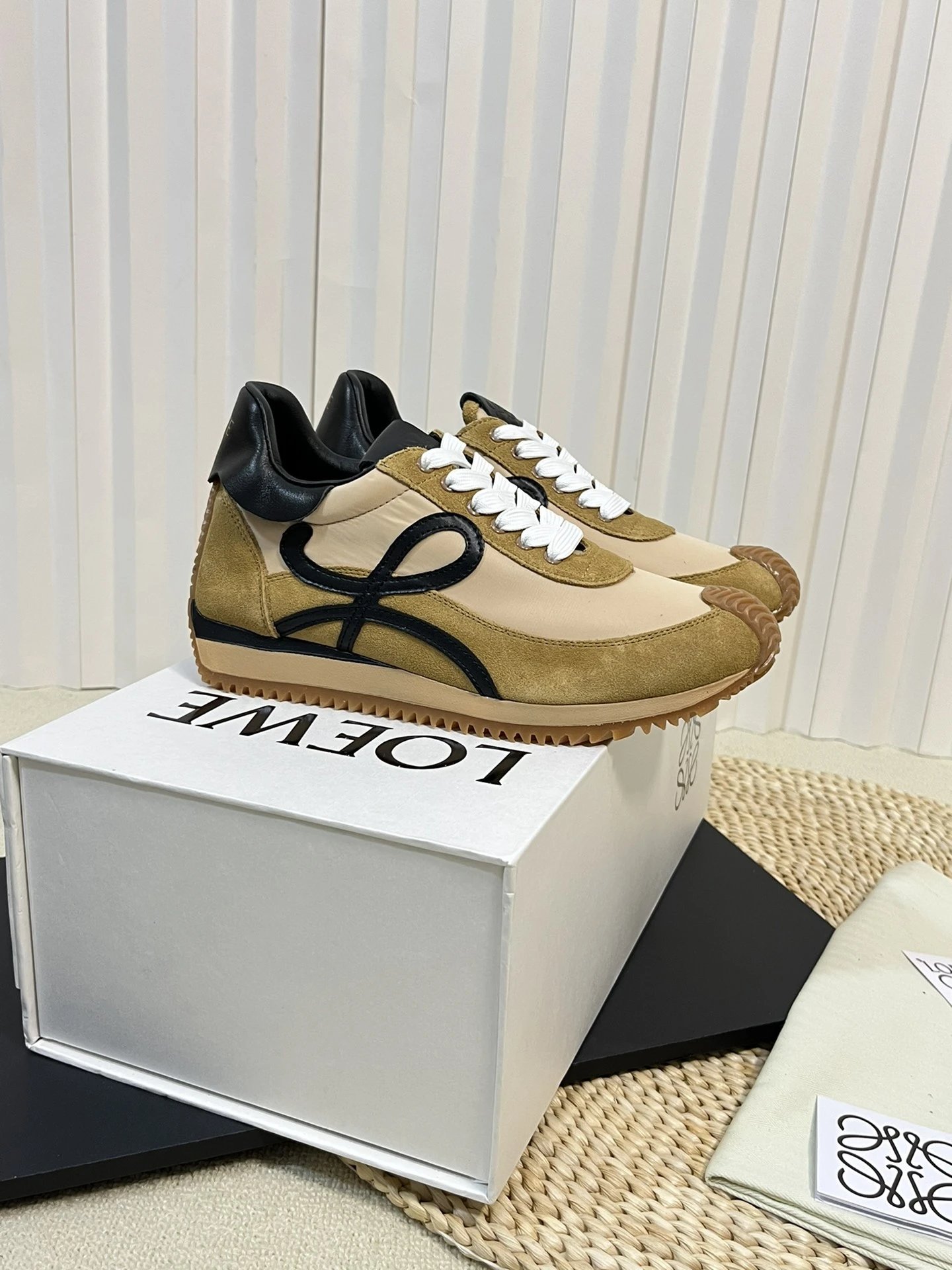 Loewe Flow Runner Khaki Beige Anagram Suede Sneakers