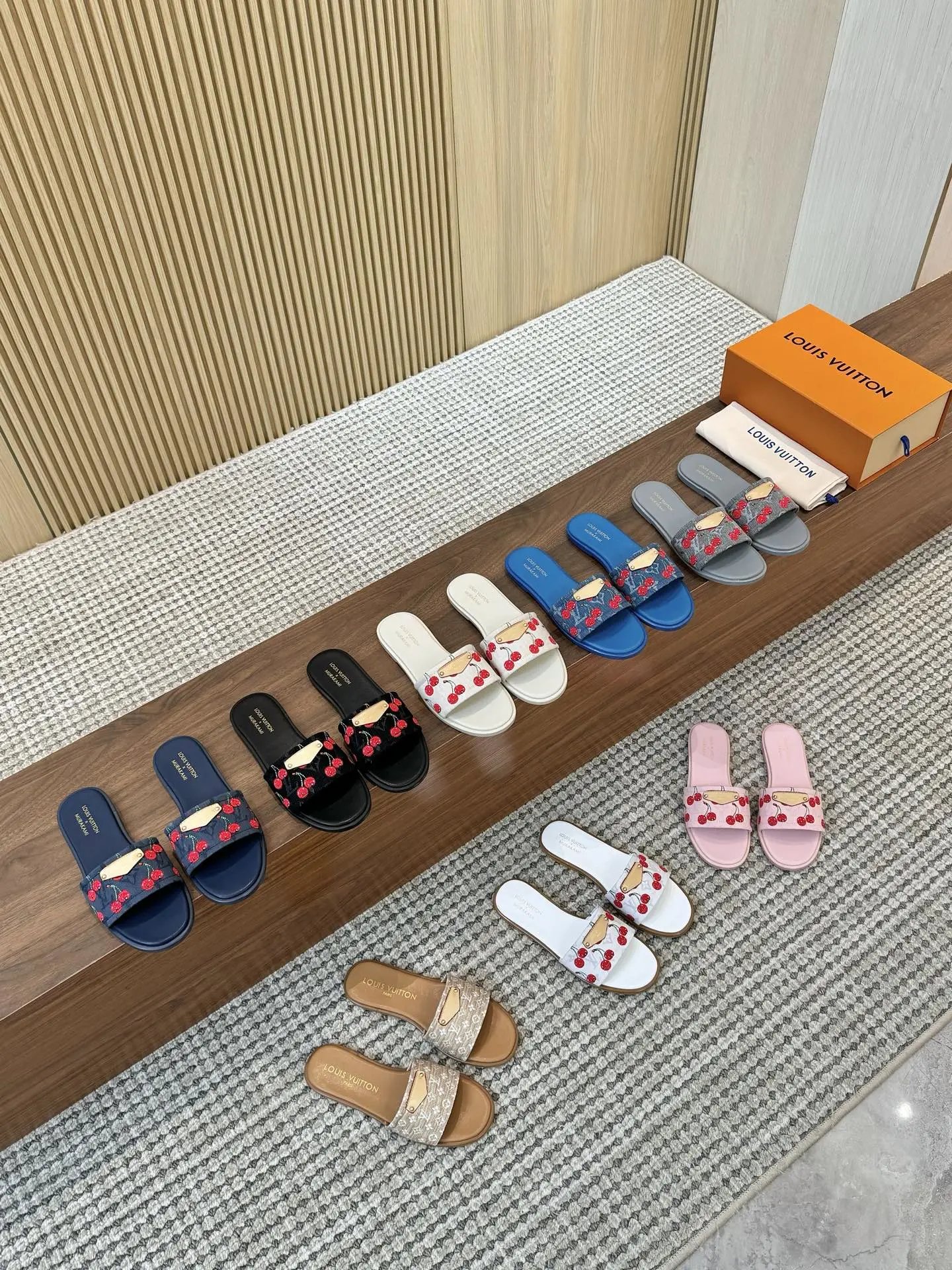 Louis Vuitton Murakami Cherry Black Monogram Flat Slides