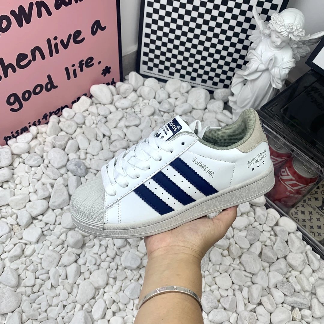 Adidas Superstar White Blue Stripe Leather Skate Sneakers