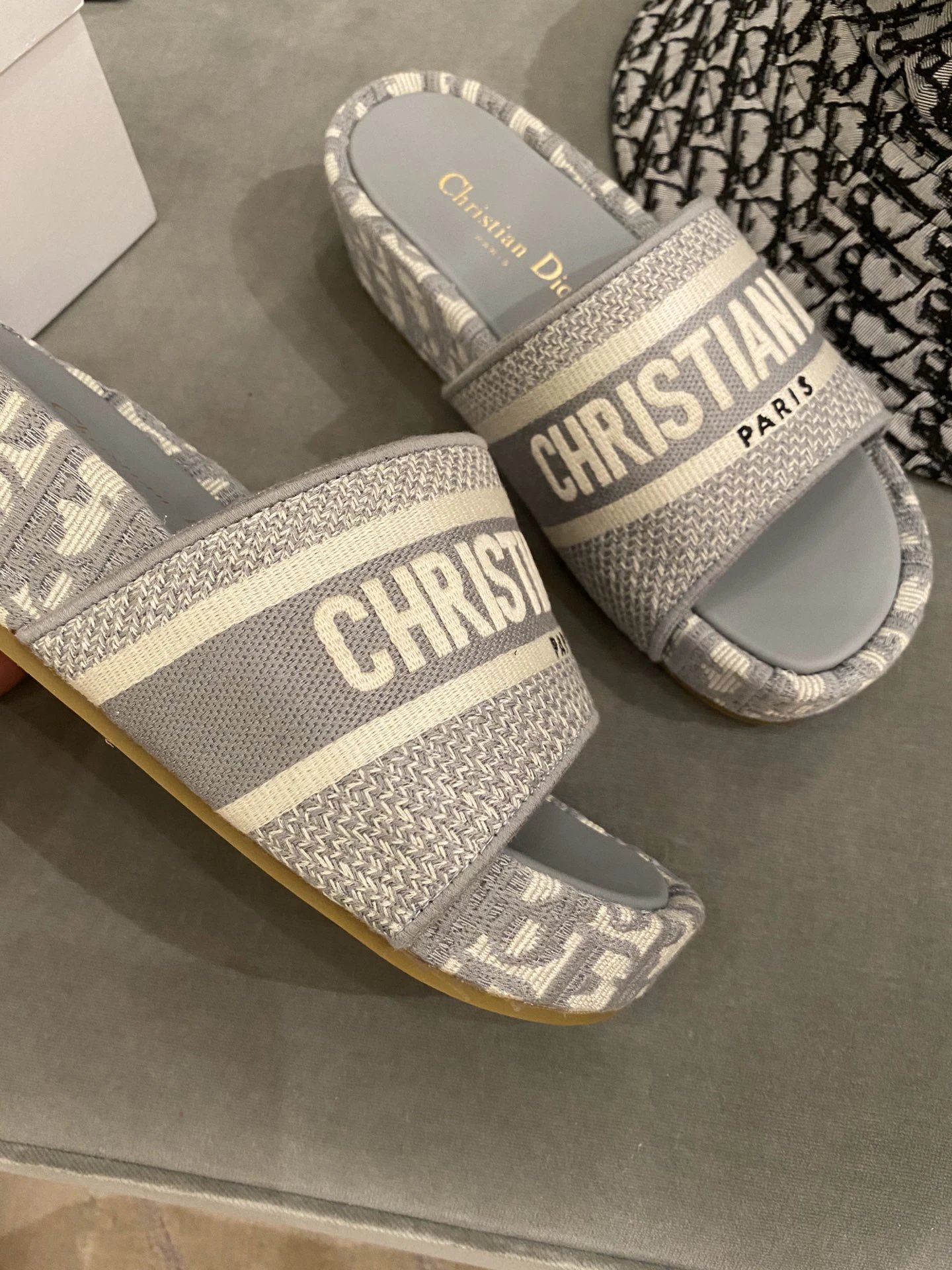 Dior Dway Gray White Embroidered Slide Sandals for Women