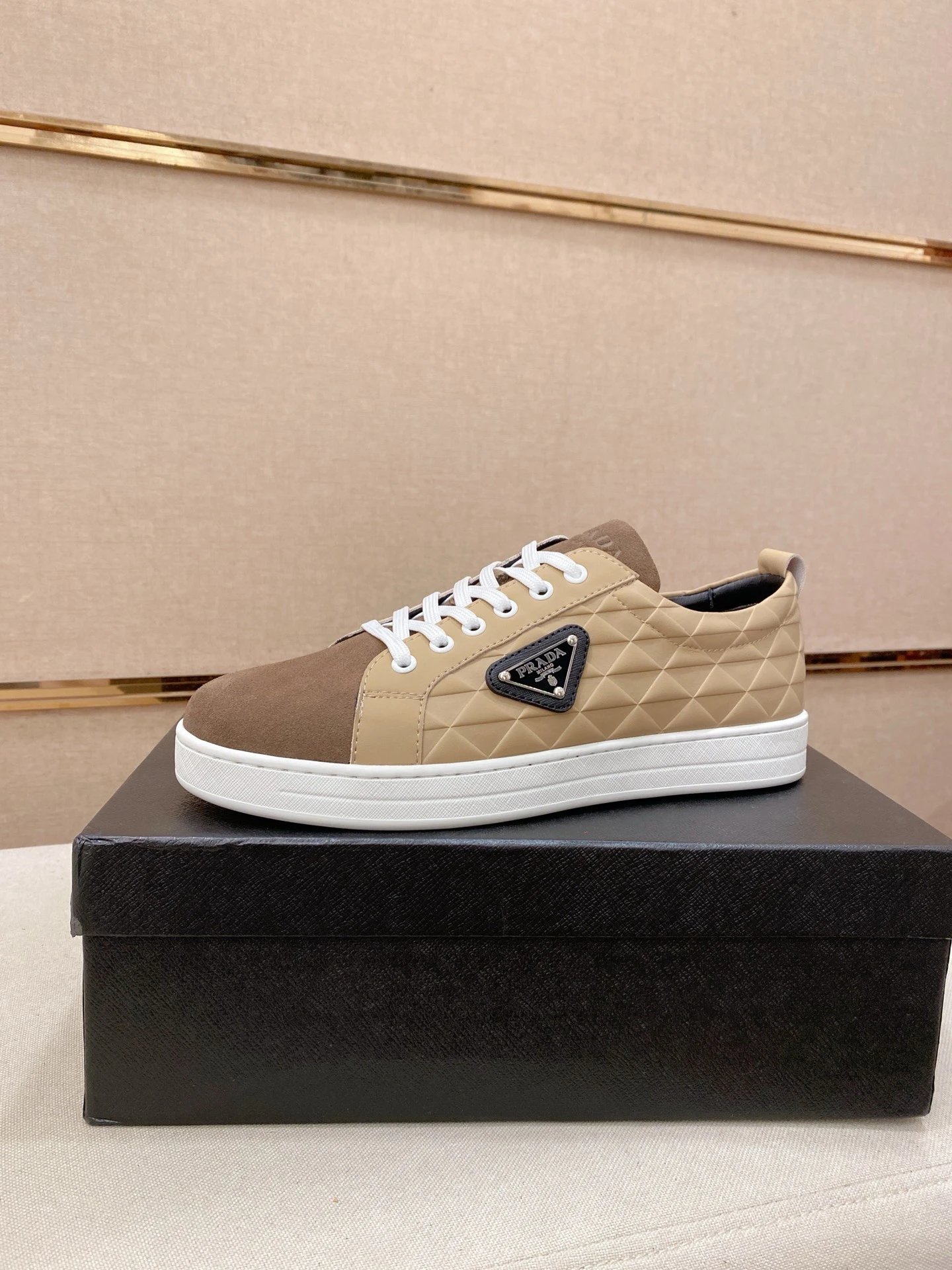 Prada Brown Beige Quilted Leather Suede Men’s Sneakers