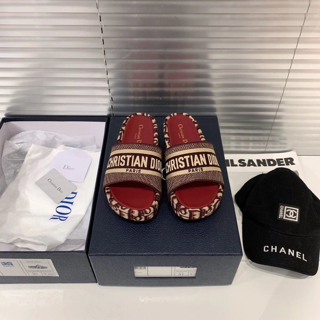 Dior Red Dway Oblique Jacquard Canvas Womens Slides