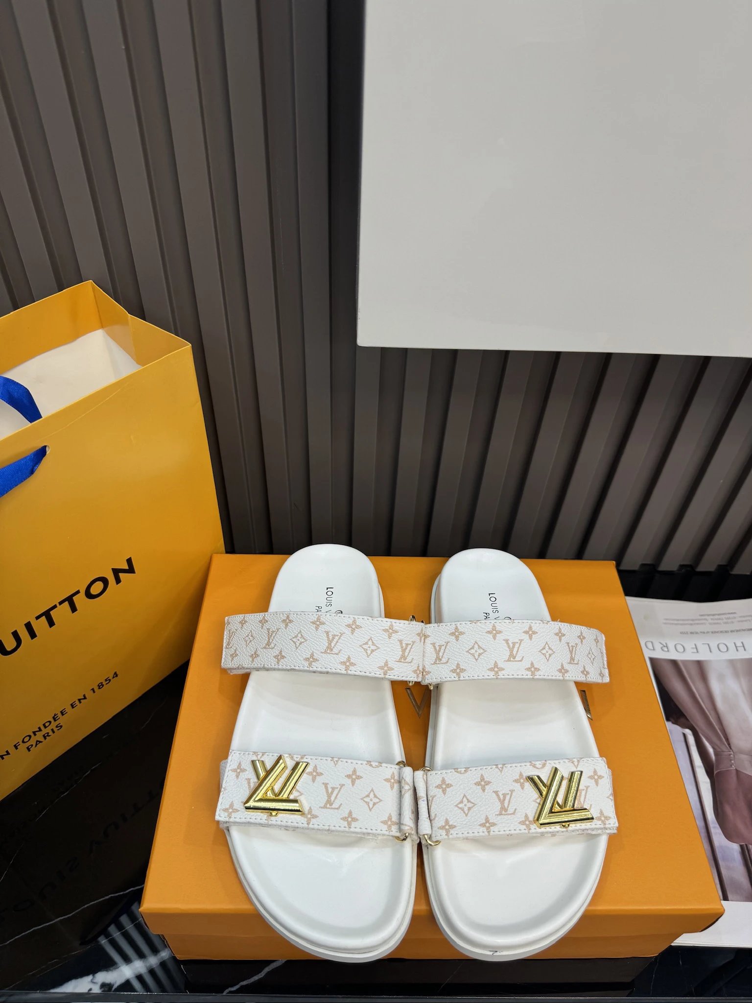 Louis Vuitton White Monogram Leather Slide Sandals