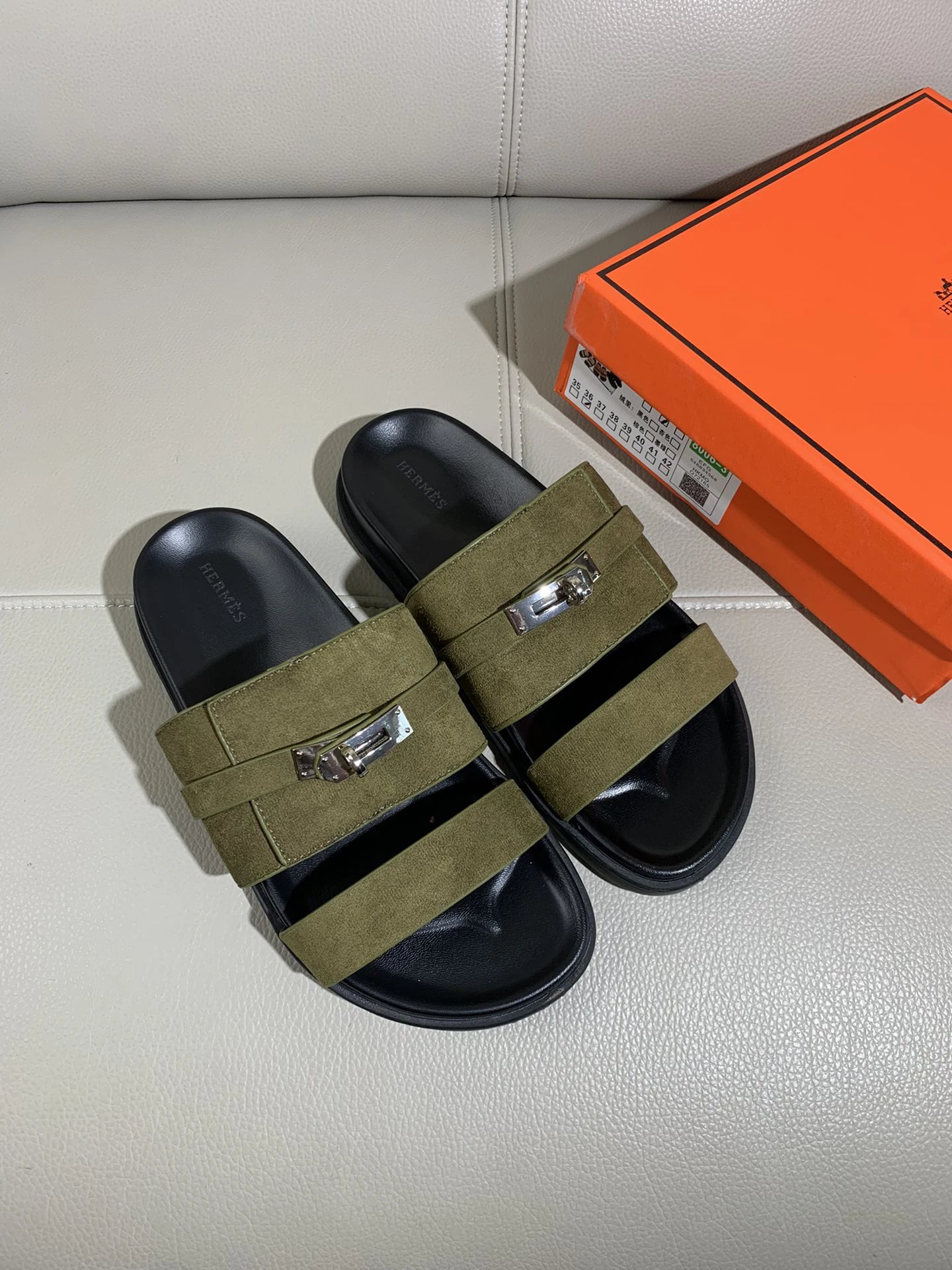 Hermes Olive Green Suede Slides Kelly Buckle Sandals