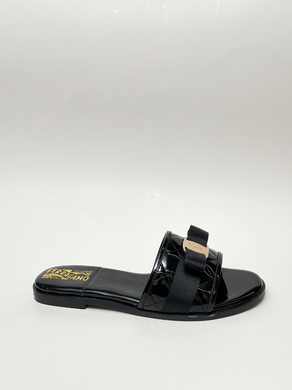 Salvatore Ferragamo Vara Black Patent Bow Slide Sandals