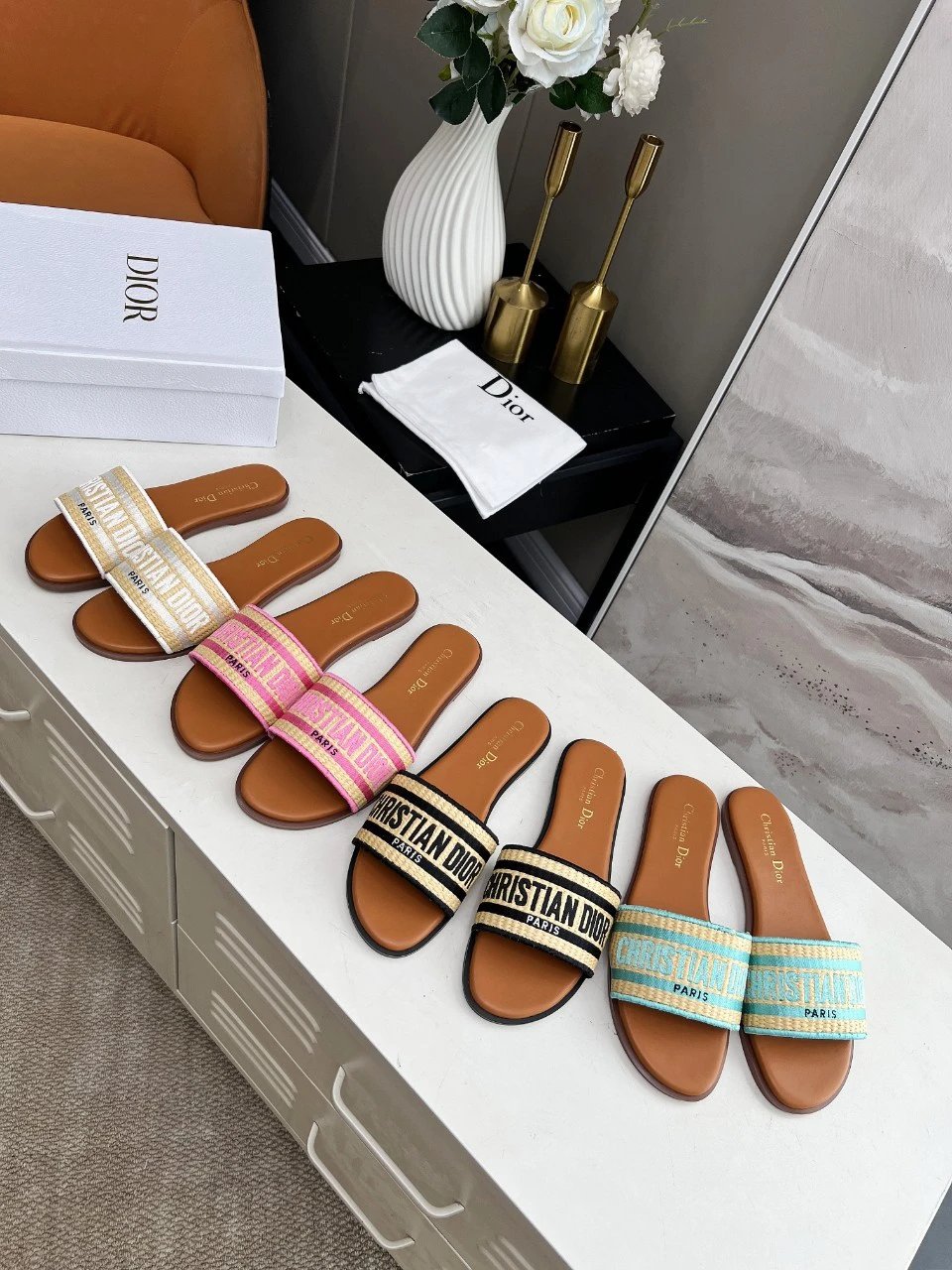 Dior Dway Beige Raffia Embroidered Logo Slide Sandals
