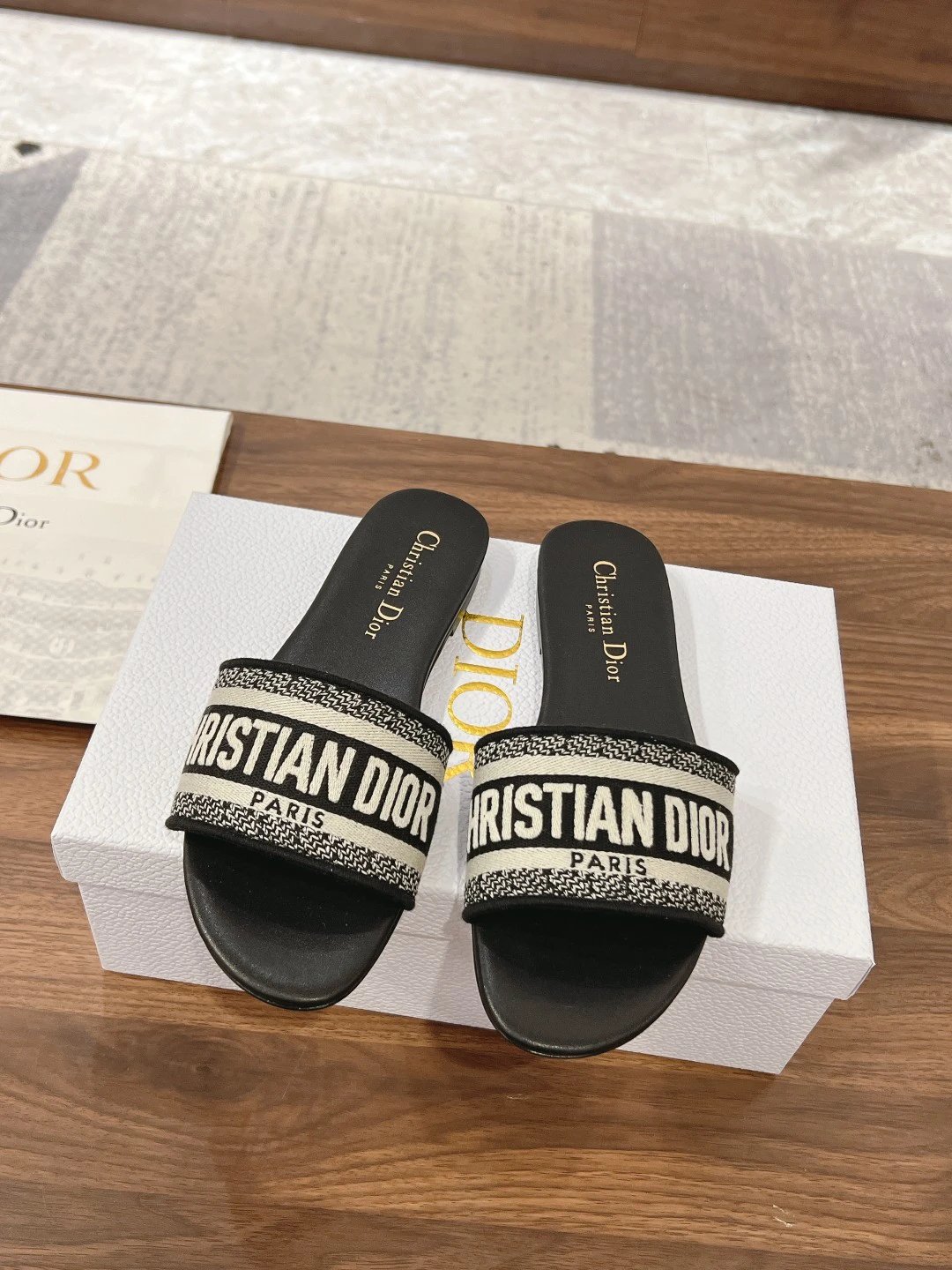 Dior Dway Black Embroidered Women's Leather Slide Sandals