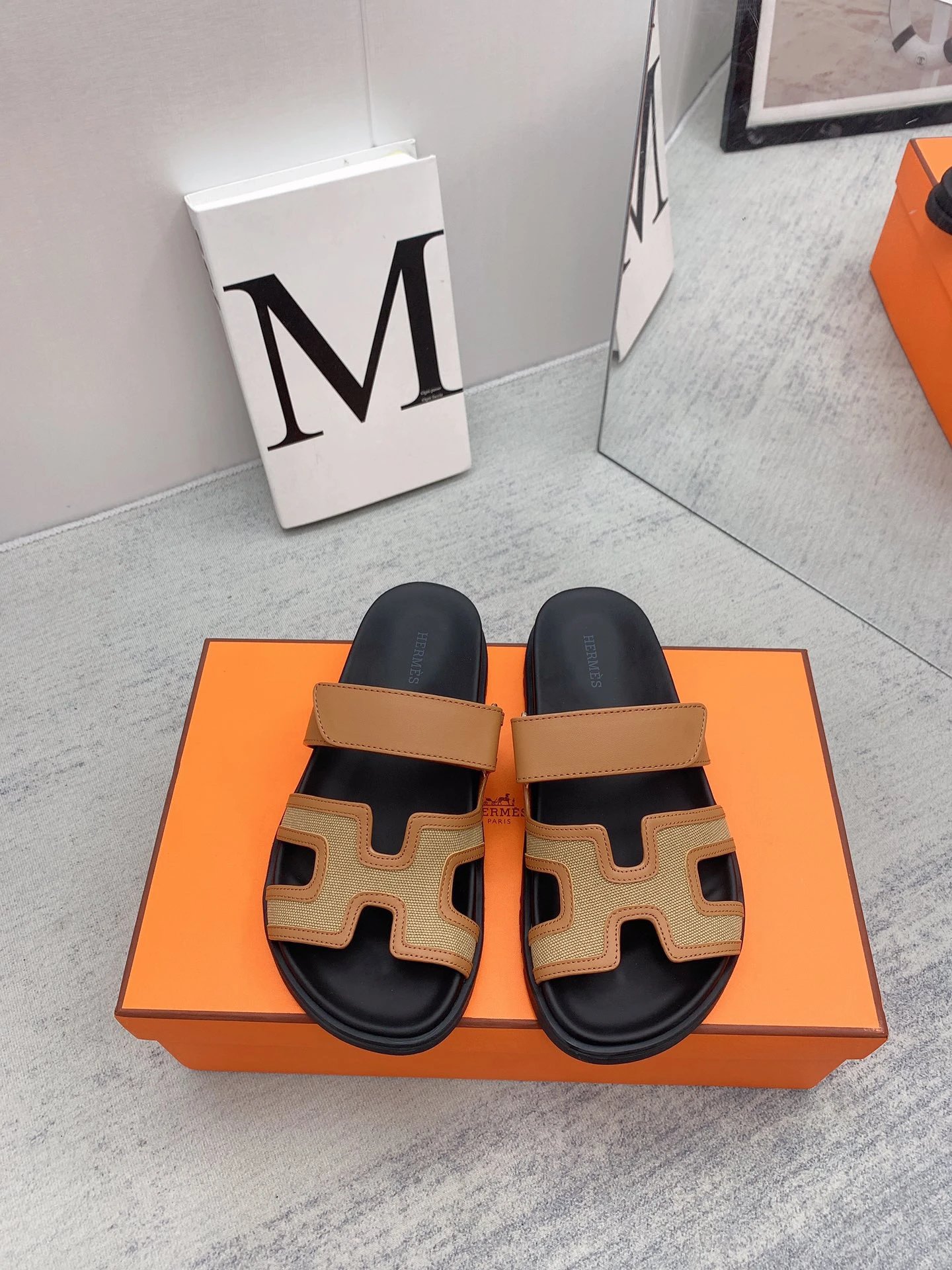 Hermes Chypre Brown Black H Buckle Unisex Sandals