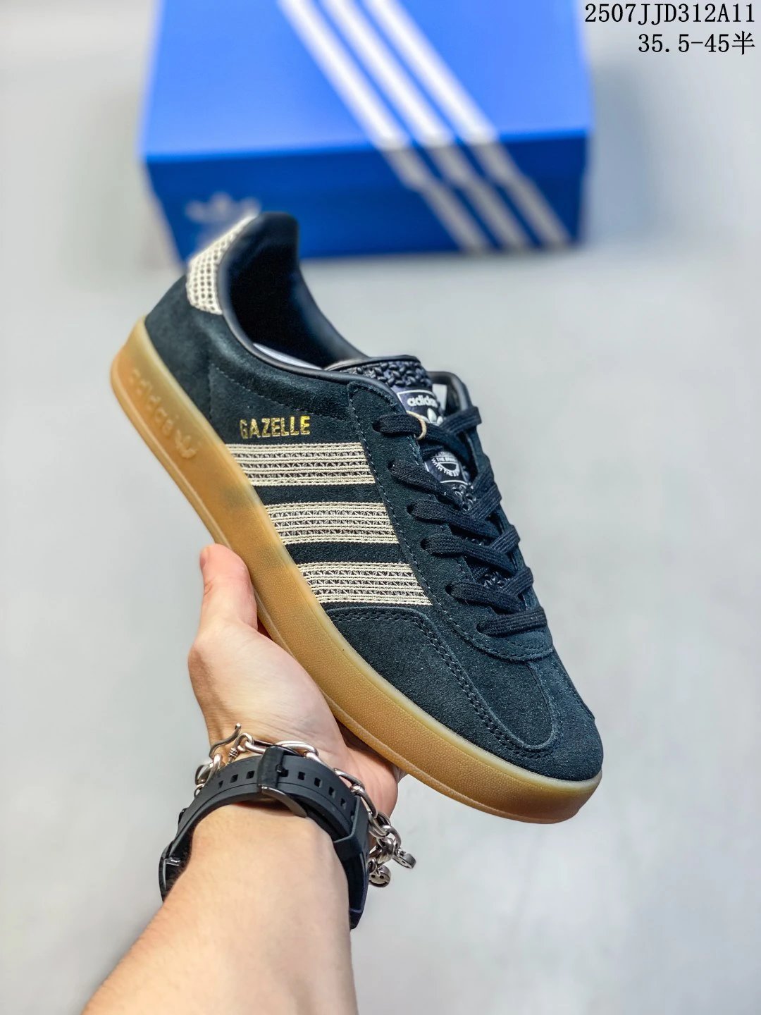 Adidas Gazelle Black Suede Gold Stripe Gum Sole Sneakers
