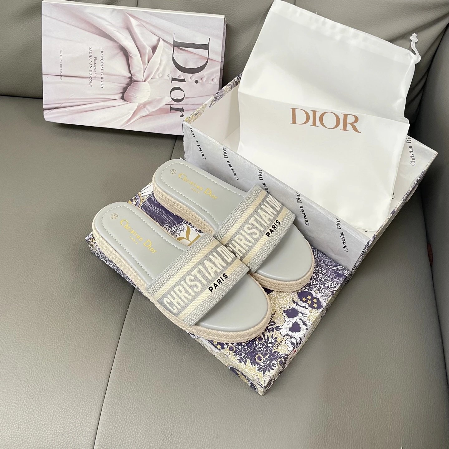 Dior Dway Beige Gray Embroidered Canvas Slide Sandals