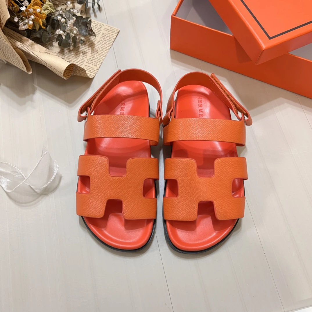 Hermes Orange H Cutout Lychee Leather Unisex Sandals