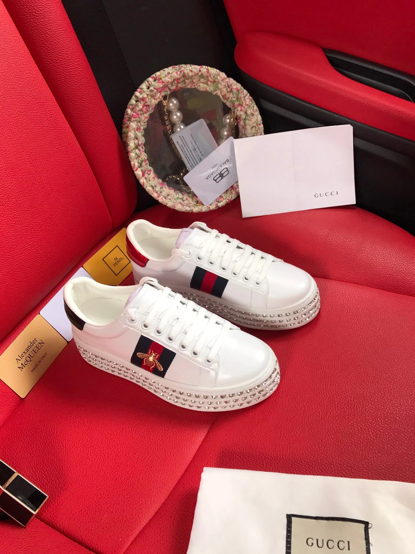 Gucci Bee White Leather Platform Sneakers Rhinestone Sole