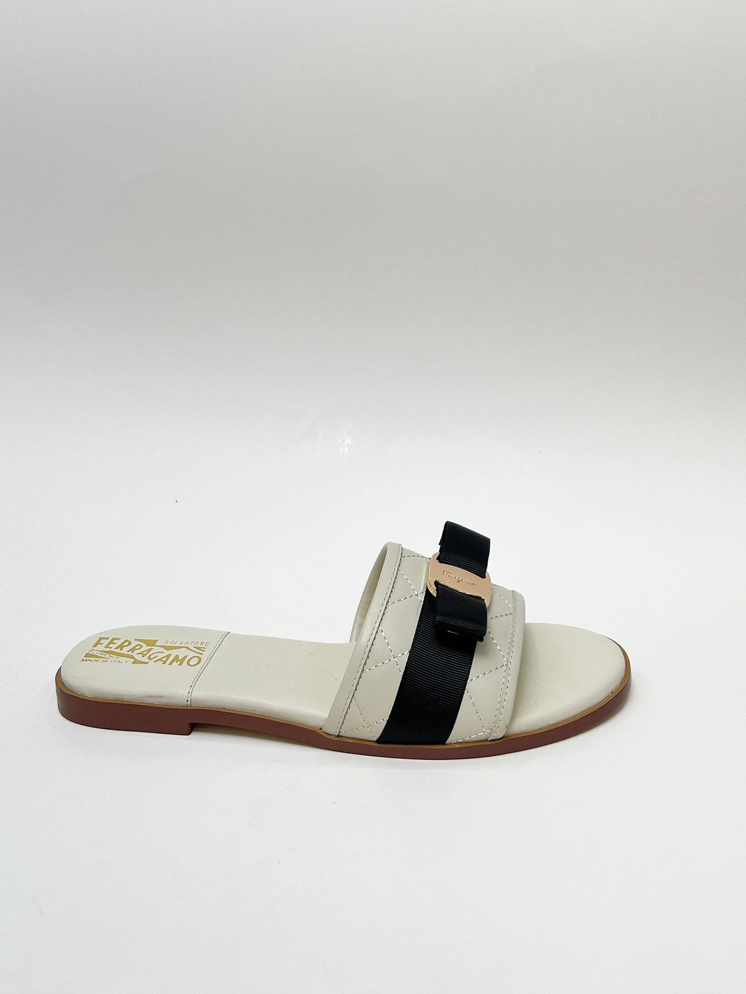 Ferragamo Vara Ivory Quilted Bow Flat Sandals
