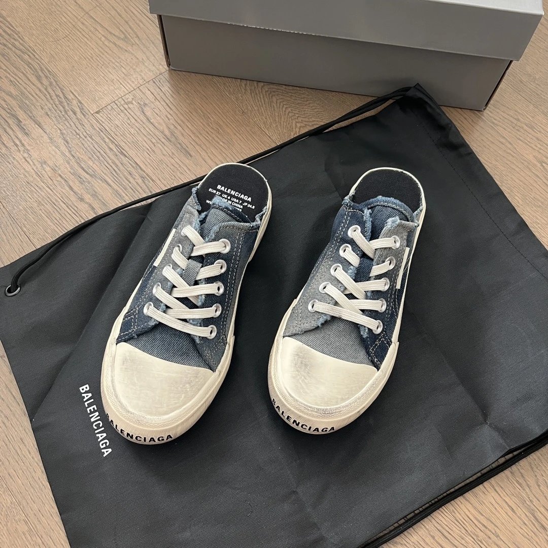 Balenciaga Denim Mule Sneakers Blue Distressed Canvas Shoes