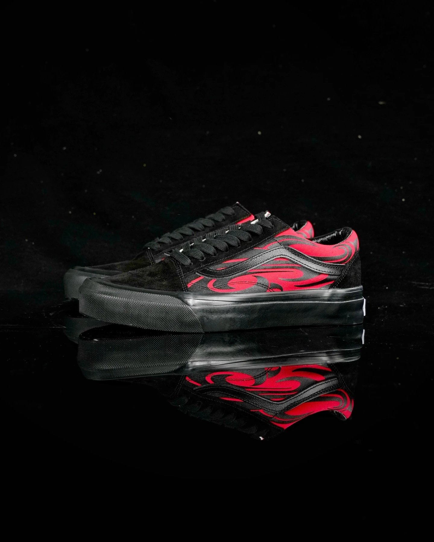 Vans Old Skool Black Red Flame Low Top Skate Shoes