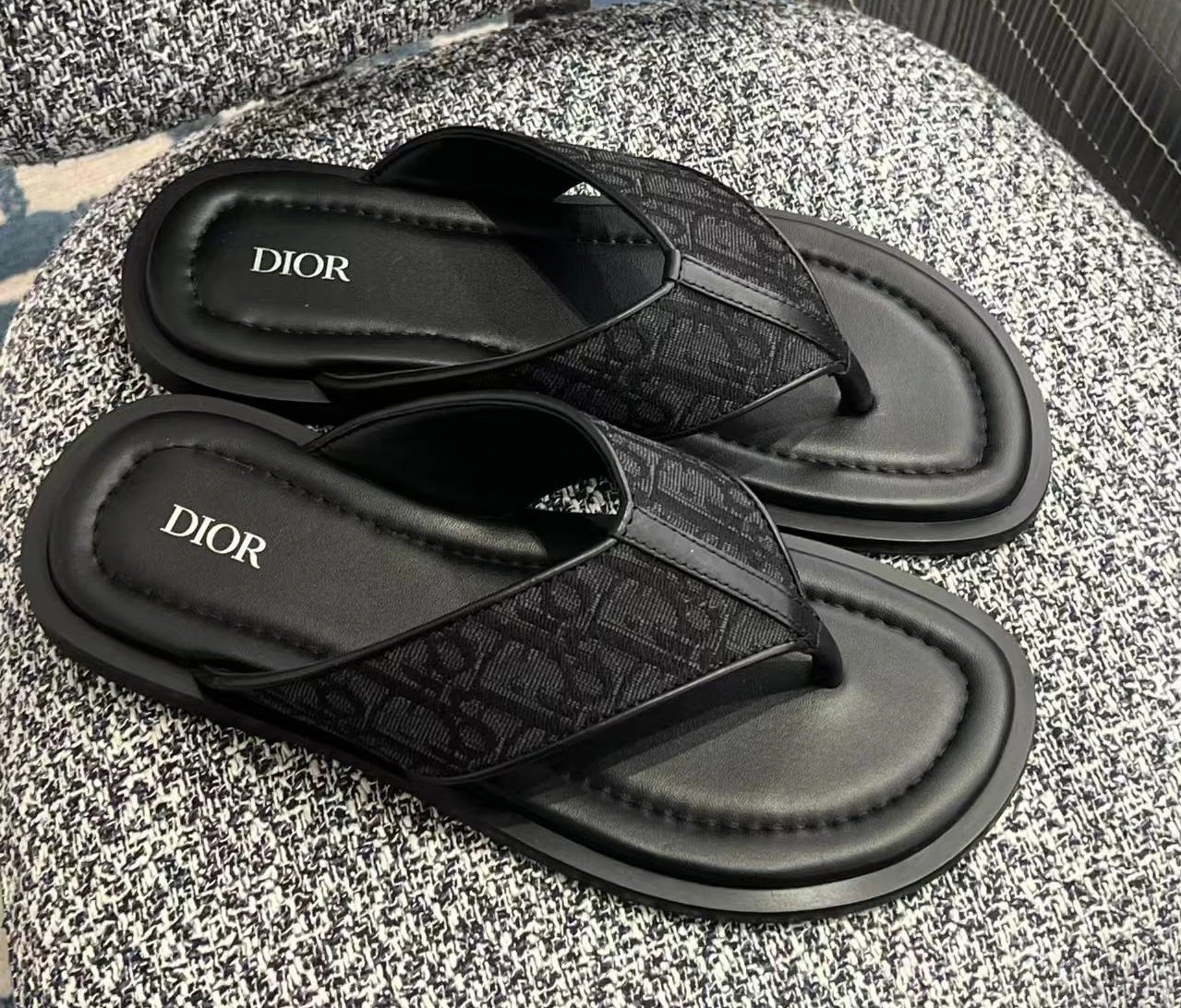 Dior Black Oblique Jacquard Men's Leather Flip-Flop Sandals