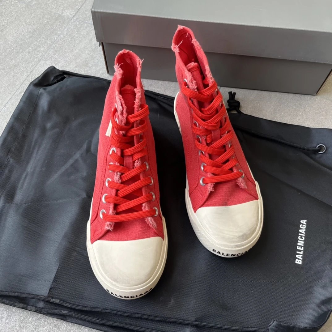 Balenciaga Red High Top Canvas Sneakers Frayed Collar