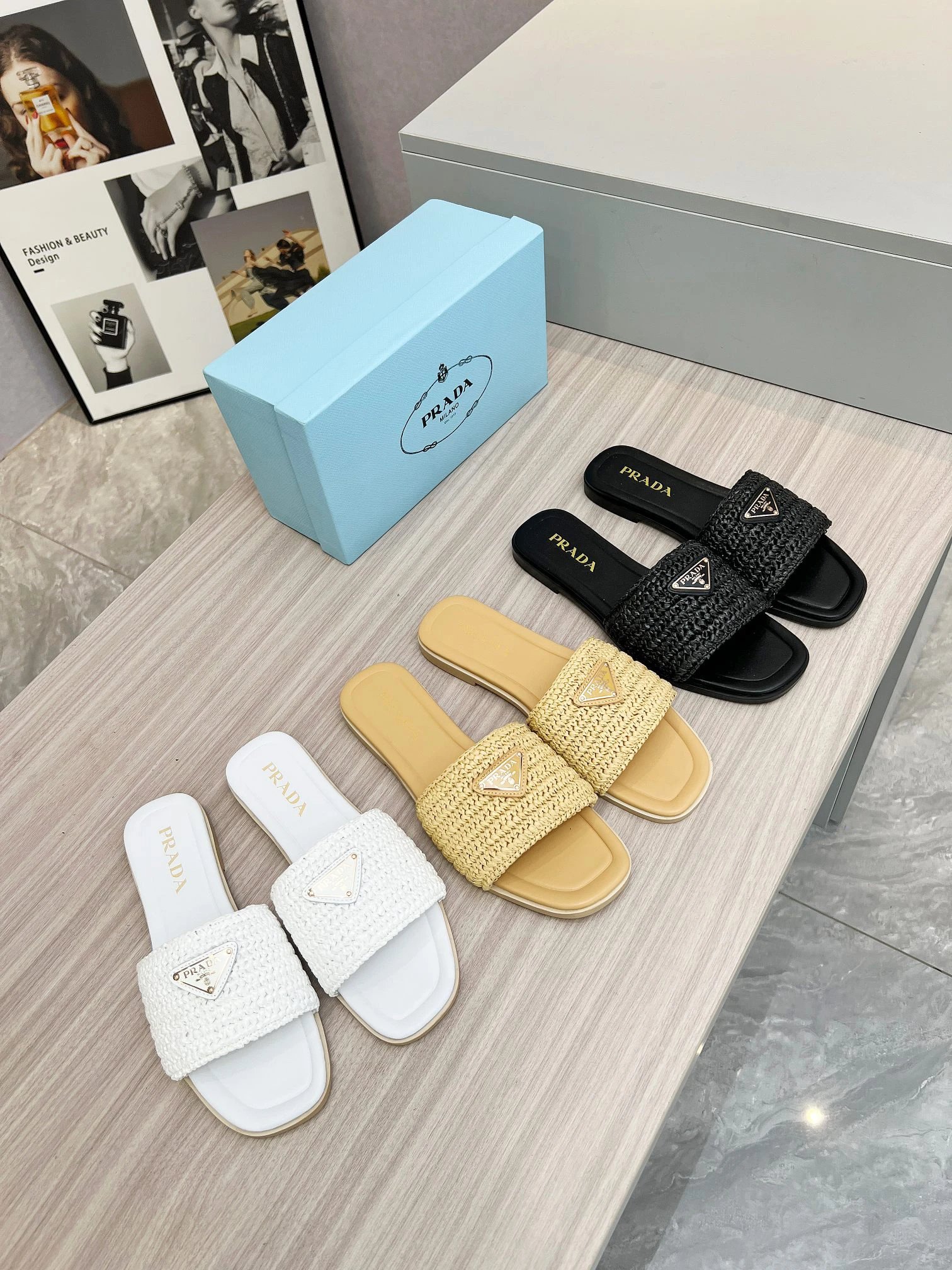 Prada Black Woven Leather Flat Slide Sandals