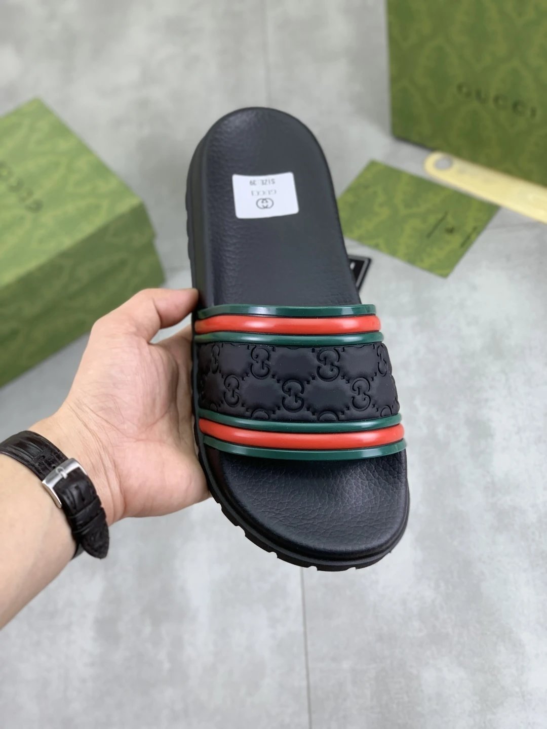 Gucci GG Embossed Black Platform Web Stripe Slide Sandals