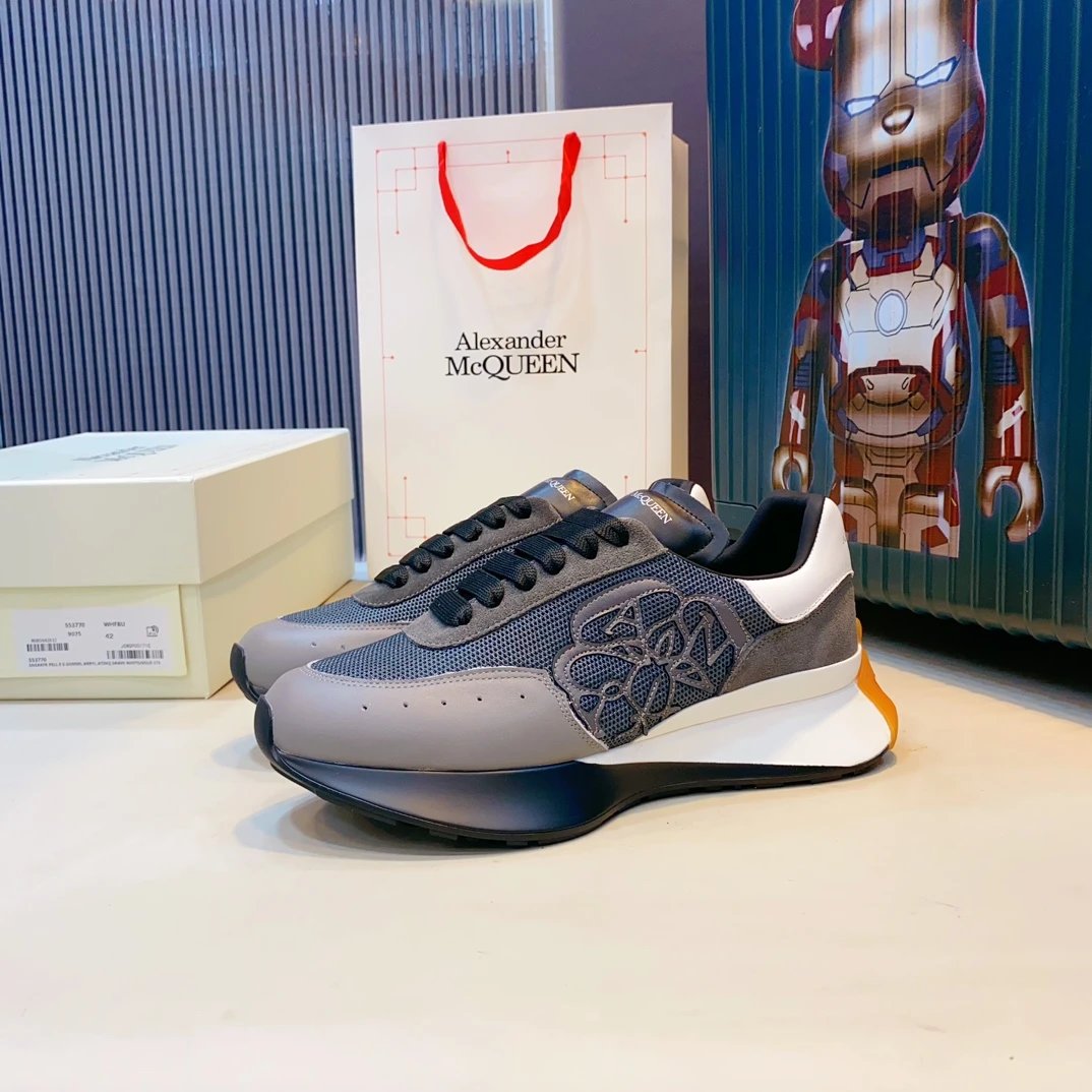 Alexander McQueen Grey Mesh Leather Chunky Sneakers