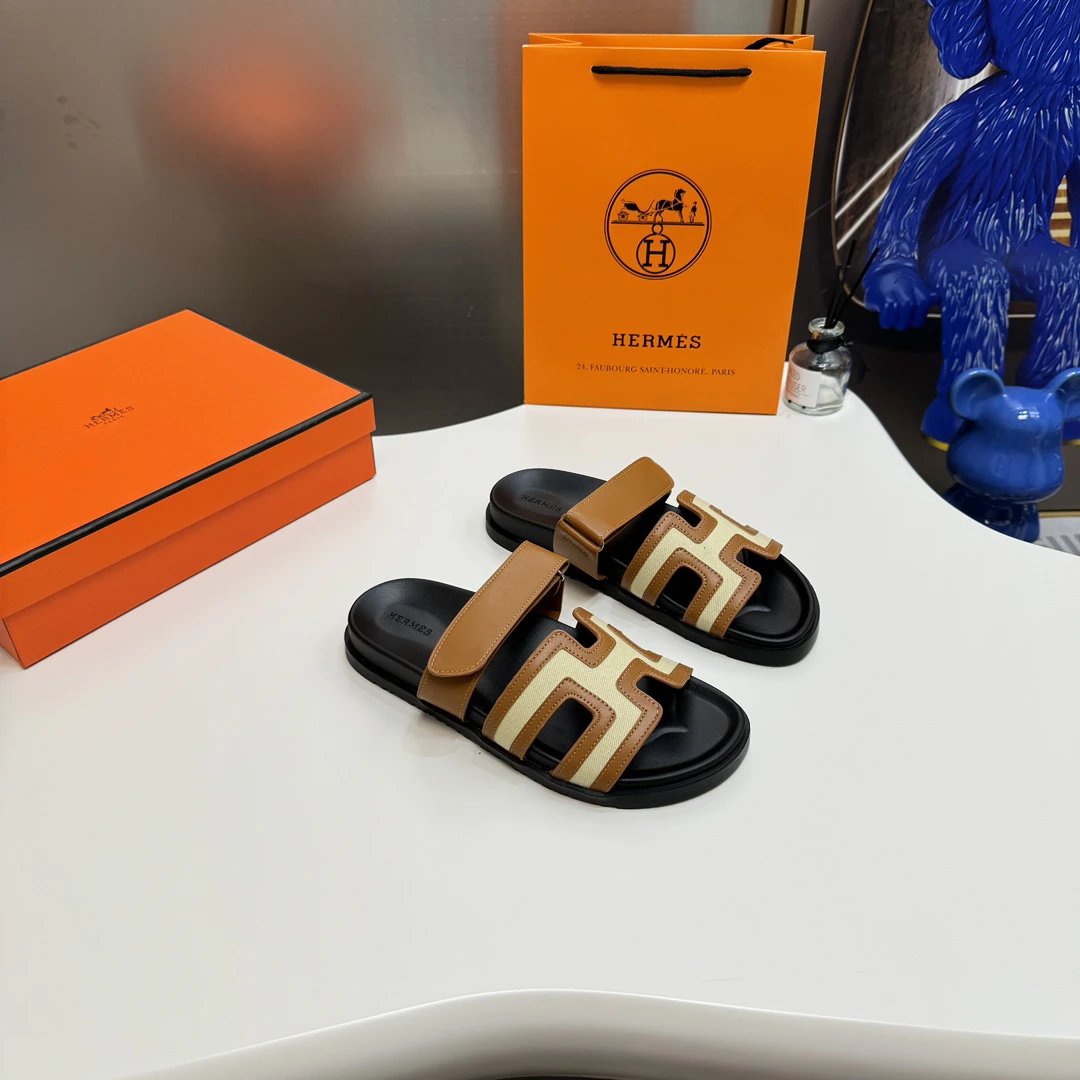 Hermes H Patchwork Leather Flat Slides Sandals