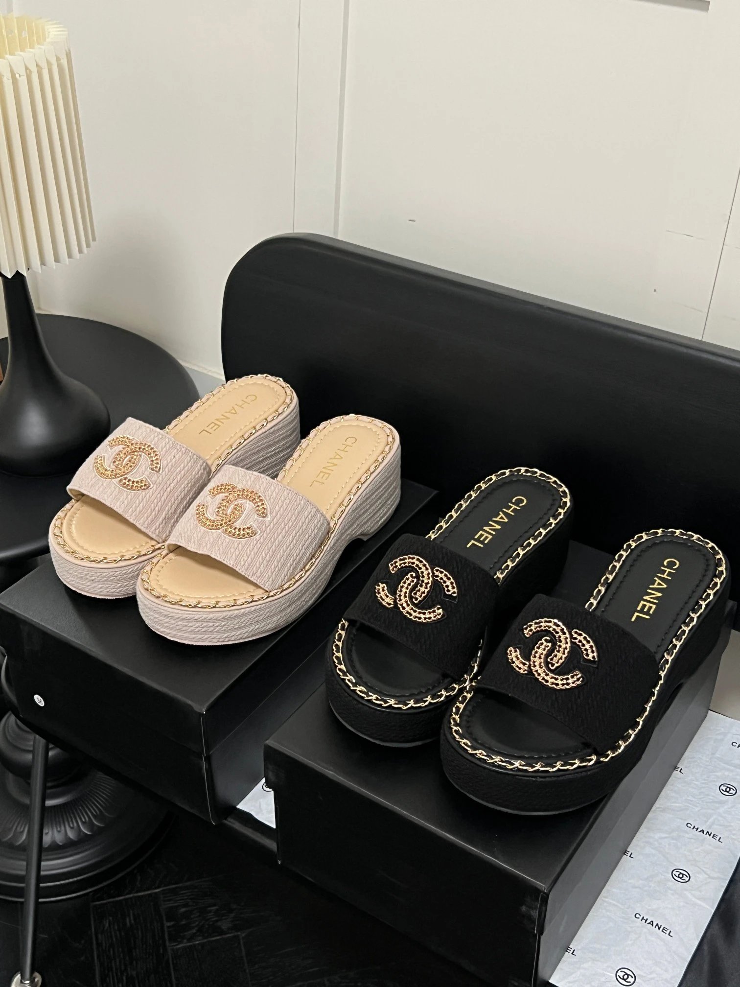 Chanel Black Tweed Chain Platform Slide Sandals Women
