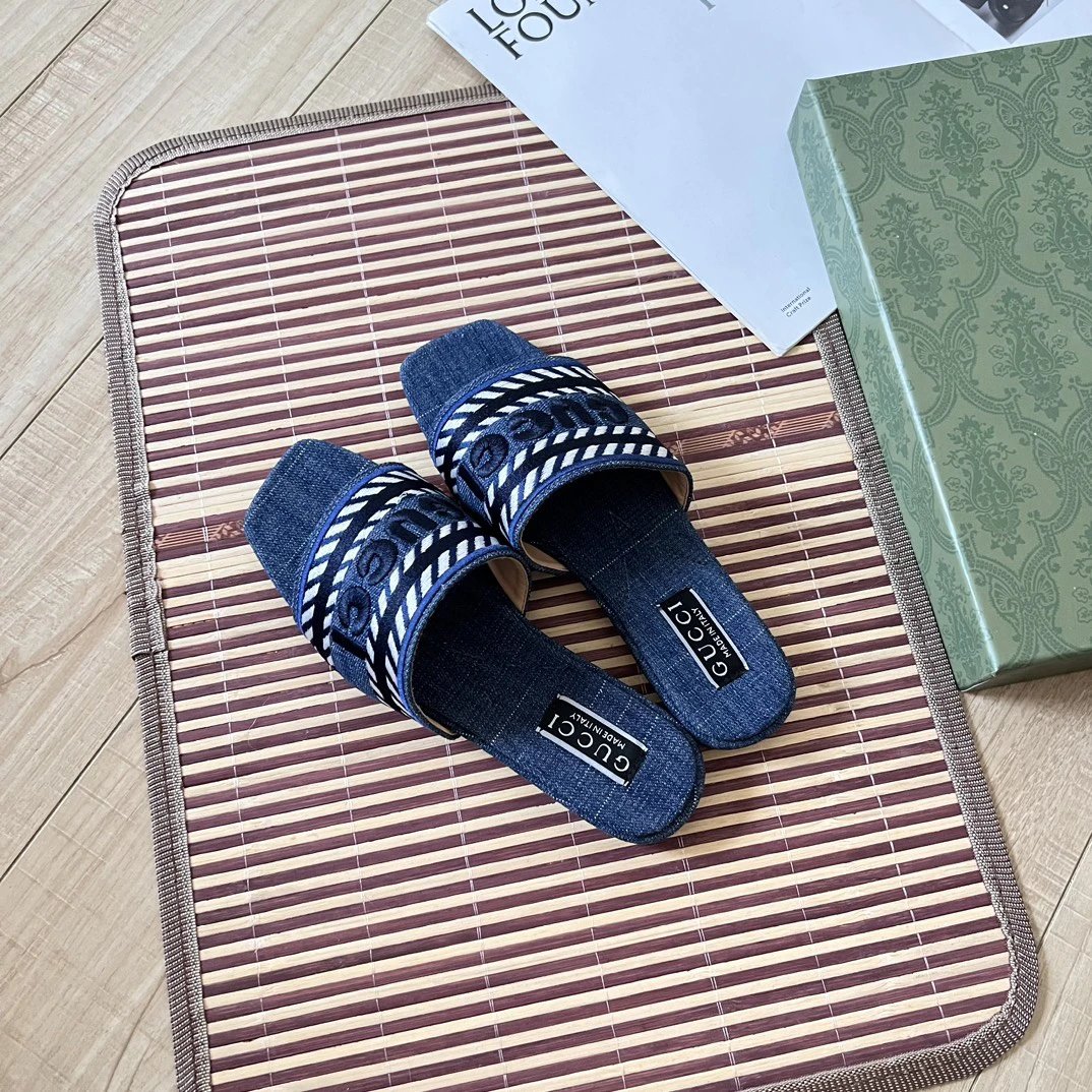 Gucci Blue Denim Canvas Slide Sandals with GG Logo