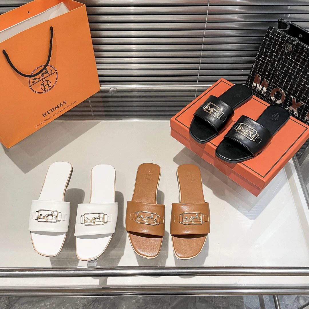 Hermes H Buckle Leather Slides White Sandals